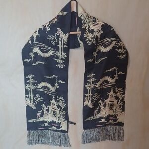 Zazou Luxe Silk Navy and Cream Scarf with Fringe